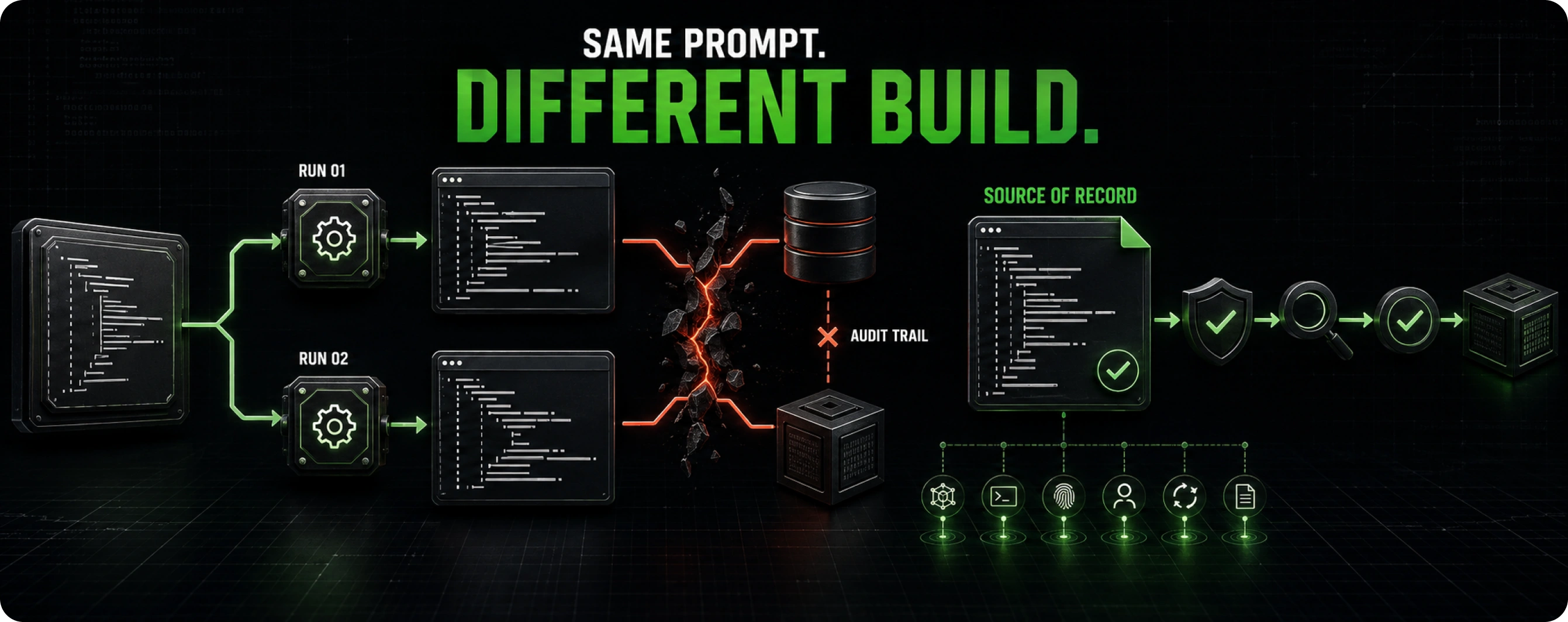 Diagram showing why non-deterministic AI code generation breaks reproducible builds: the same prompt and source produce two different Java artifacts, so a build can no longer prove the binary in production came from the source in the repository.