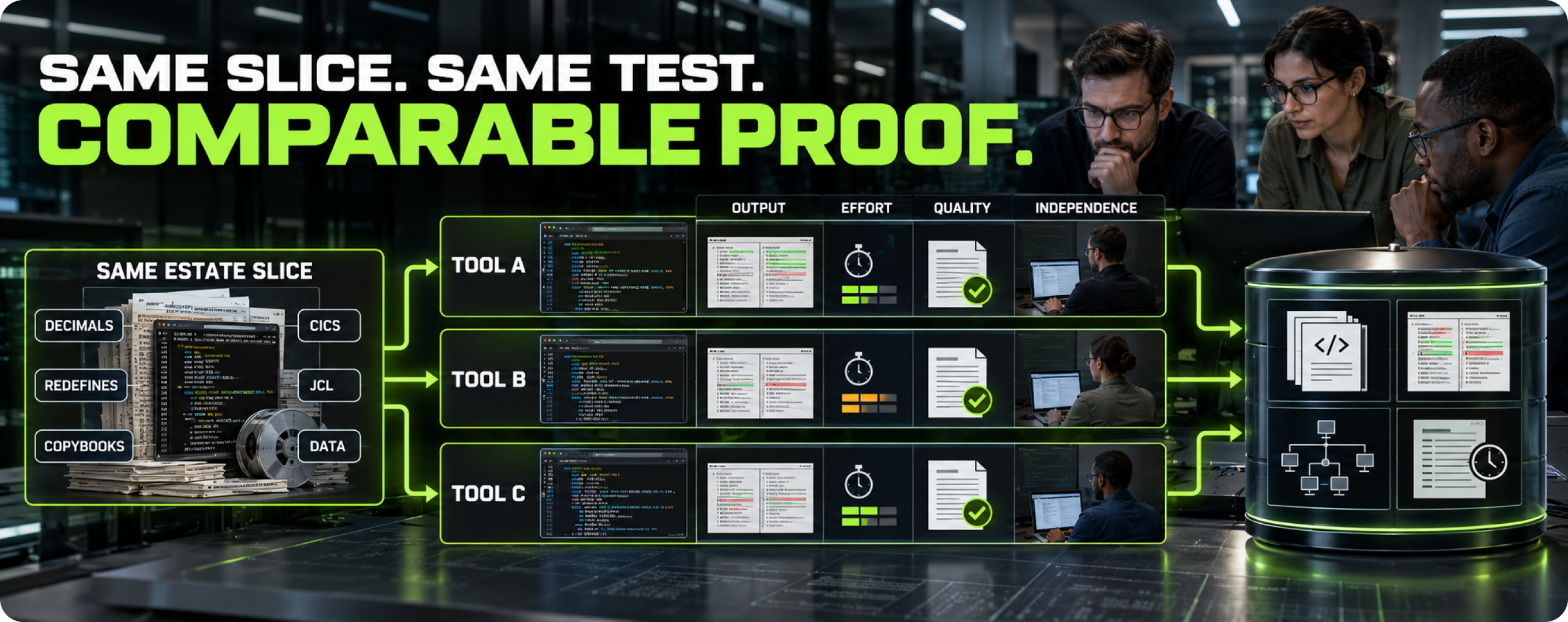 How to run a proof of concept for a COBOL modernization tool: use the same estate slice for every candidate, write the success criteria first, involve your own developers, measure the effort around the tool, and keep the resulting assets