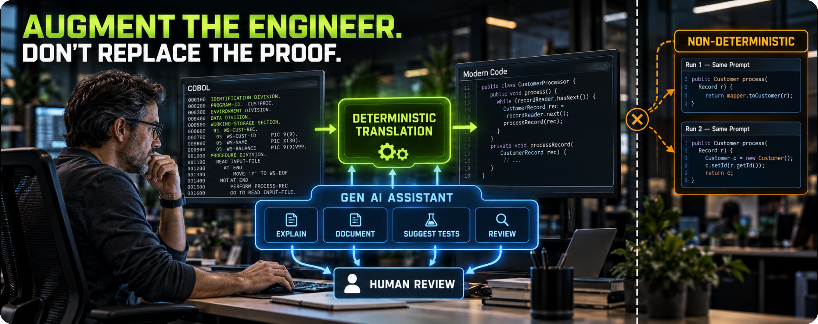 Where Gen AI code assistants fit in a COBOL modernization program, showing review-backed tasks such as explaining programs, drafting documentation and suggesting test cases alongside the deterministic translator that performs the conversion