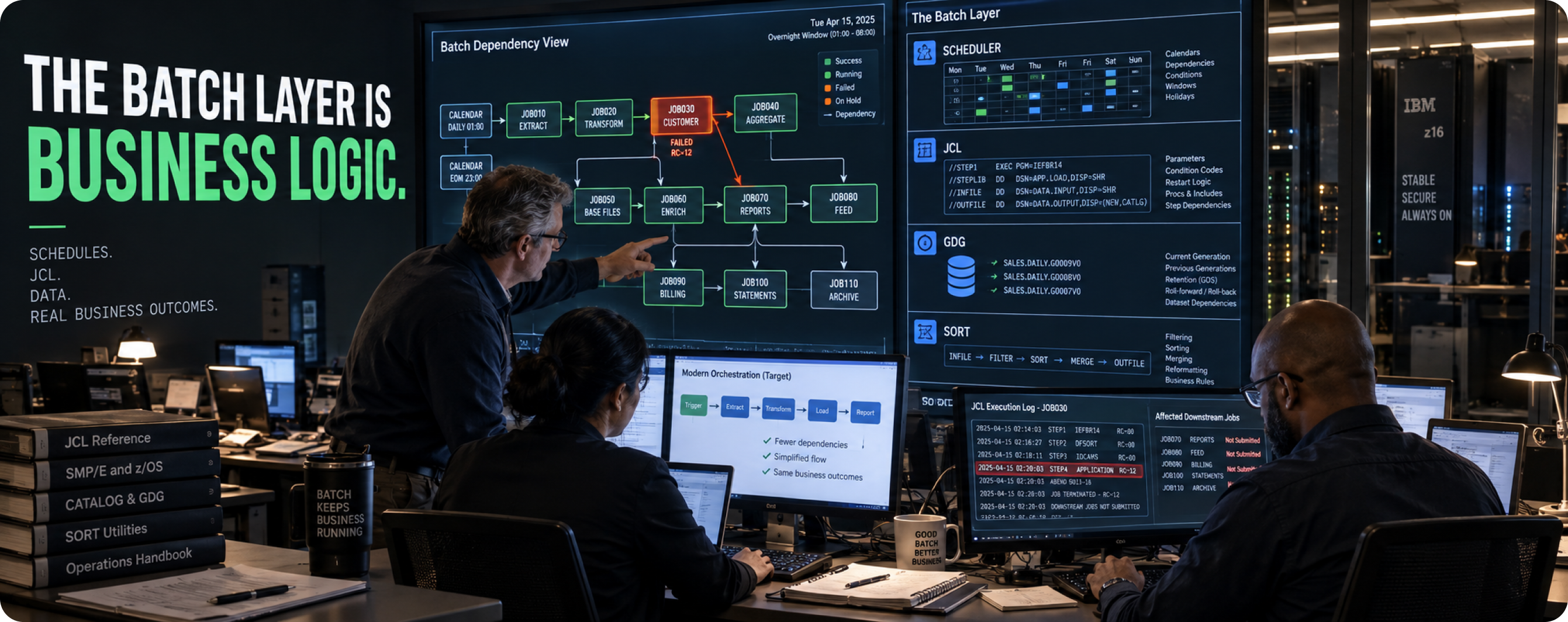 The mainframe job scheduling and batch layer: scheduler definitions, JCL and catalogued procedures, generation data groups, and SORT and utility steps that carry business logic outside the COBOL