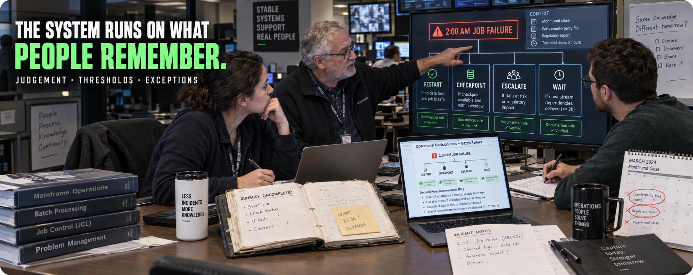 Operational knowledge that is not in any mainframe artefact: restart judgement when a job fails overnight, the reasoning behind alert thresholds, and the counterparty and regulatory exceptions held only by experienced operations staff