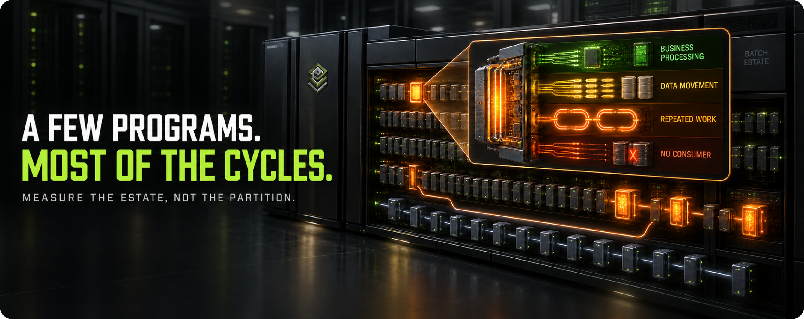 Breakdown of where mainframe batch consumption goes, showing a minority of programs accounting for most cycles and consumption split between business processing, data movement, repeated work and work with no consumer